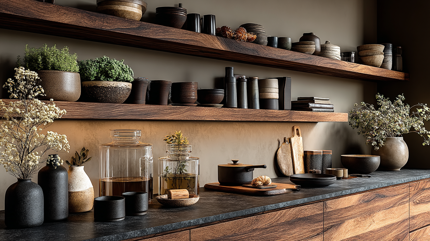 home membry. luxury modern kitchen featuring floating walnut shelv 9c029cff f434 4f95 9ca8 14738144fb97 2